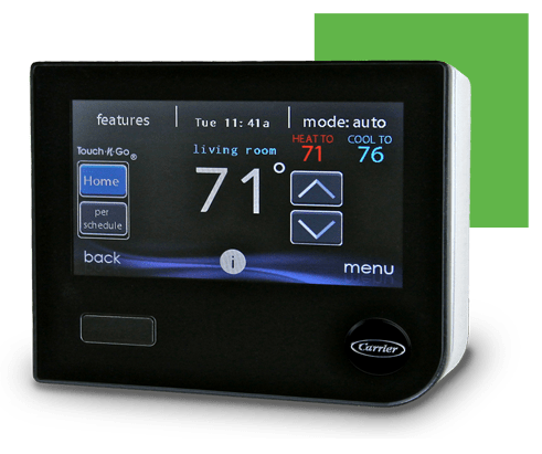 Digital thermostat displaying current temperature and settings, with touchscreen controls.