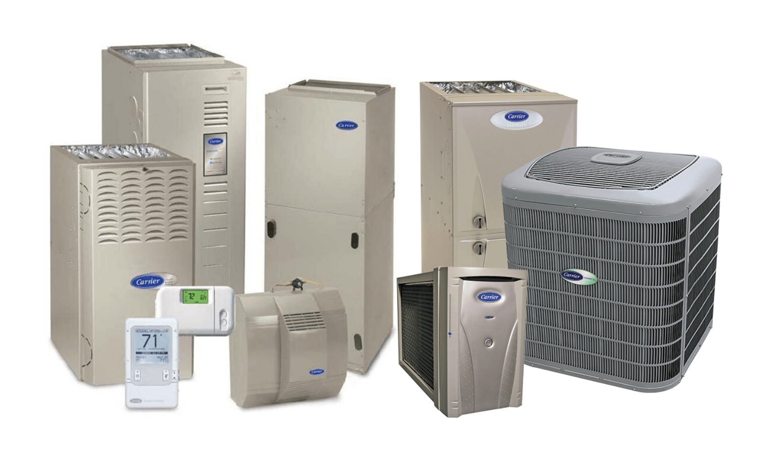 Carrier brand HVAC equipment display: furnaces, air conditioners, and thermostats. Beige and gray colors.