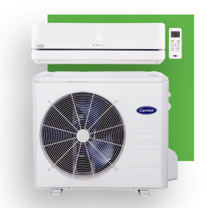 White Carrier mini-split air conditioner system with indoor and outdoor units, plus remote, on green.