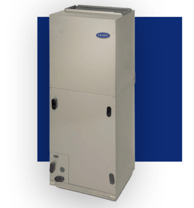 Tan Carrier furnace unit against a blue background.