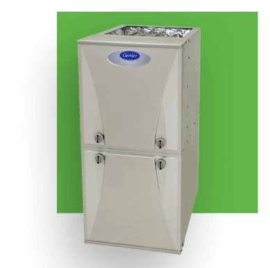 A tan Carrier furnace on a green background.
