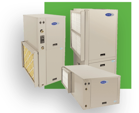 Three beige Carrier air handler units with visible filter compartments.