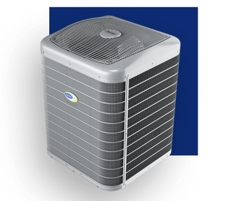 Carrier air conditioning unit, gray and silver with a blue accent.