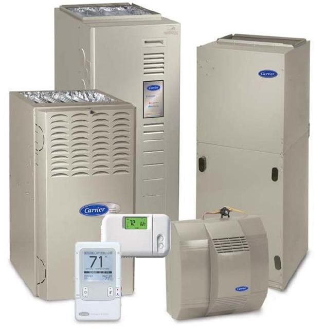 Set of Carrier brand home HVAC units: furnaces, thermostat, humidifier.