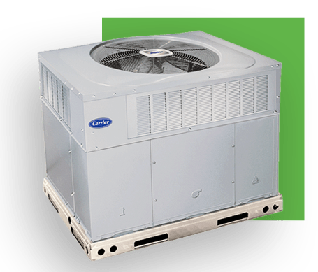 A Carrier rooftop HVAC unit on a green background.
