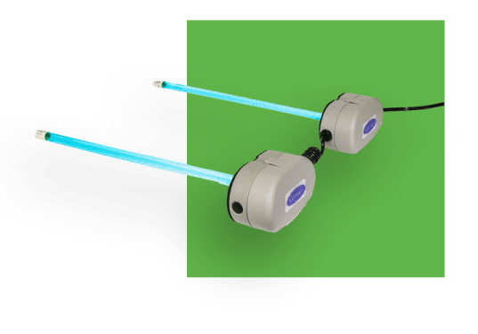 Two UV light air sanitizers with blue glow, against a green background.