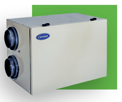 Carrier ventilation unit with dark intake/exhaust ports. Silver box on green background.