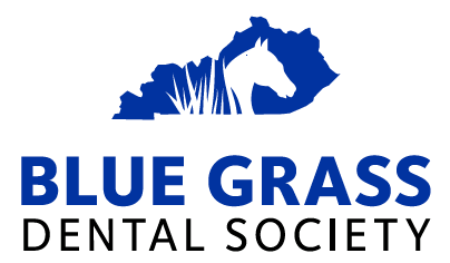 Blue Grass Dental Society logo with a blue horse and blue-black text on a white background
