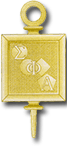 Gold pendant with a square charm and circular loop, engraved with geometric symbols