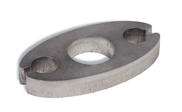 A flat, oval-shaped metal part with a large central hole and two smaller holes with slots.