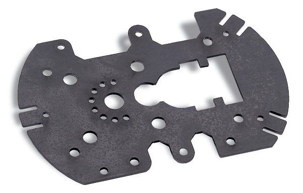 A flat, dark gray metal part with various holes and cutouts, possibly a mechanical component.