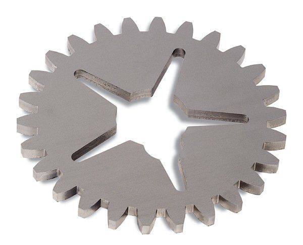 A metal gear with teeth and a star-shaped cutout in the center, set against a white background.