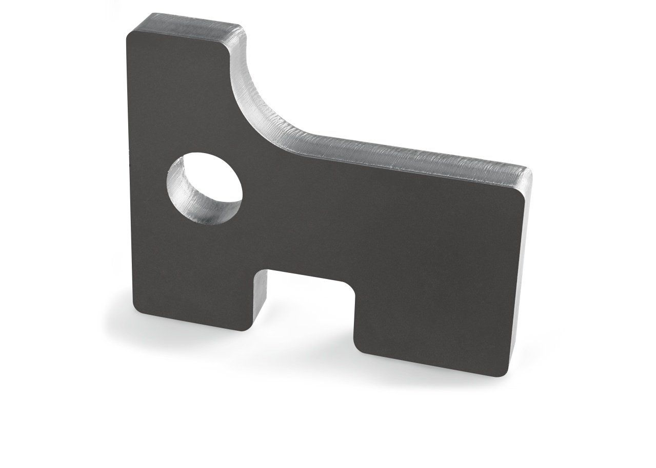 Dark gray metal bracket with a round hole and a notch.