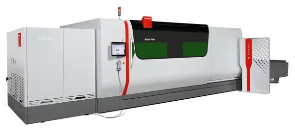 A large white industrial machine with red accents, a control panel, and a green window.