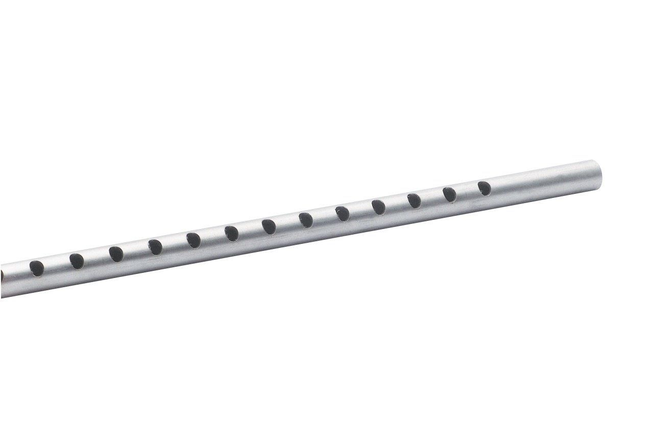 Silver tin whistle with several round finger holes running down the length of the tube.