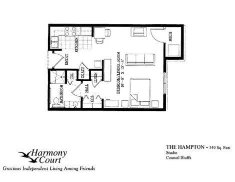 Hampton Floor Plan - 540 square foot senior apartment in Harmony Court's Council Bluffs, IA location