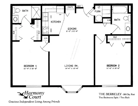 Berkeley Floor Plan - a 988 square foot apartment in Harmony Court's Bellevue, NE location