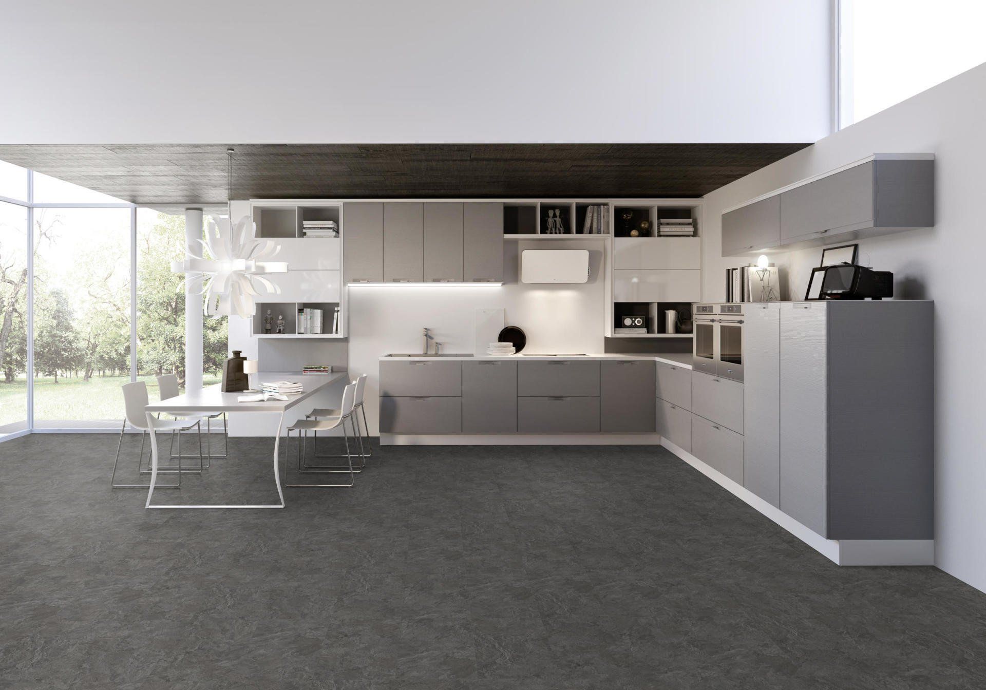 cucina con pavimento in PVC effetto legno