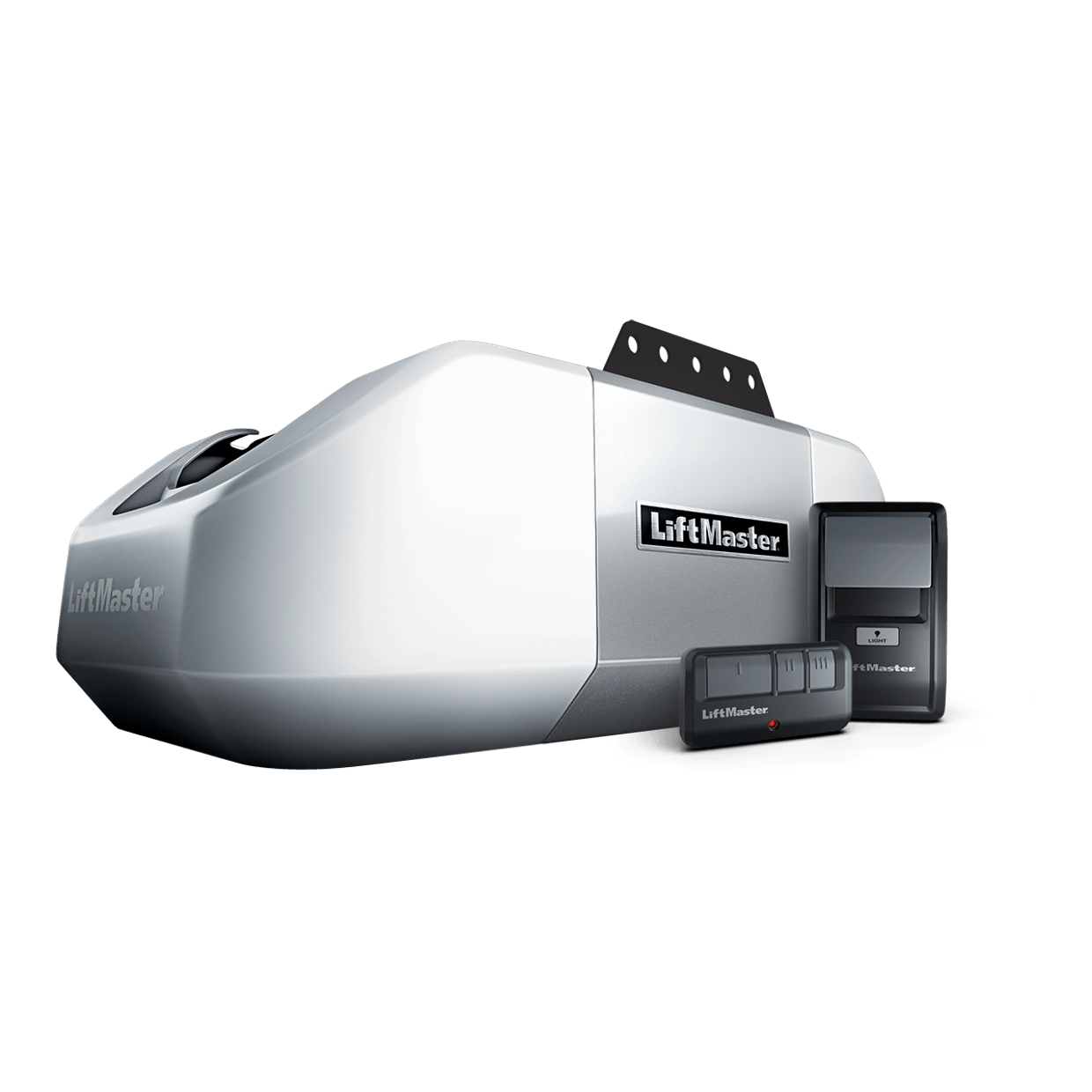 LiftMaster garage door opener with remote and keypad. Silver with black accents.