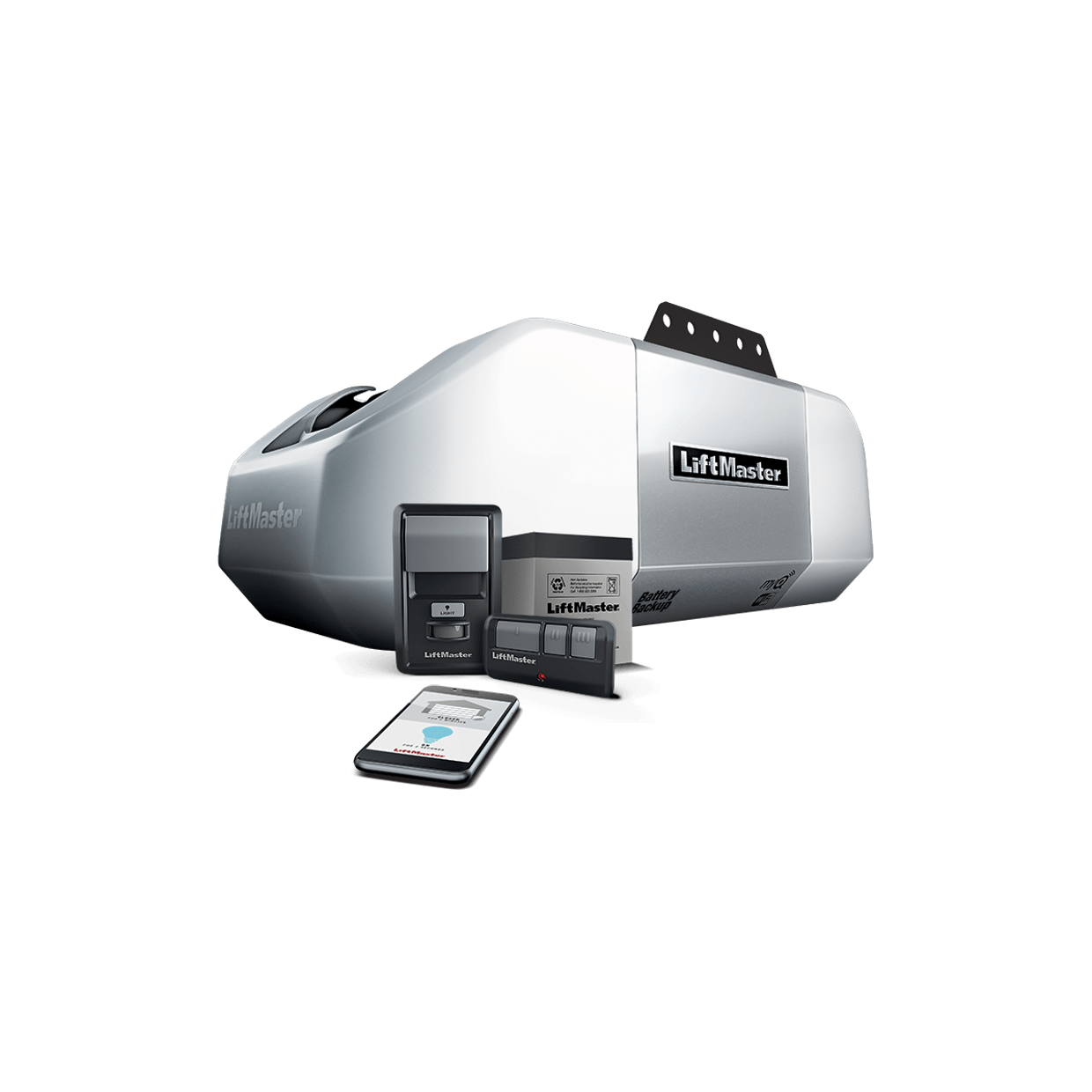 Garage door opener with accessories: remote, keypad, and control panel.