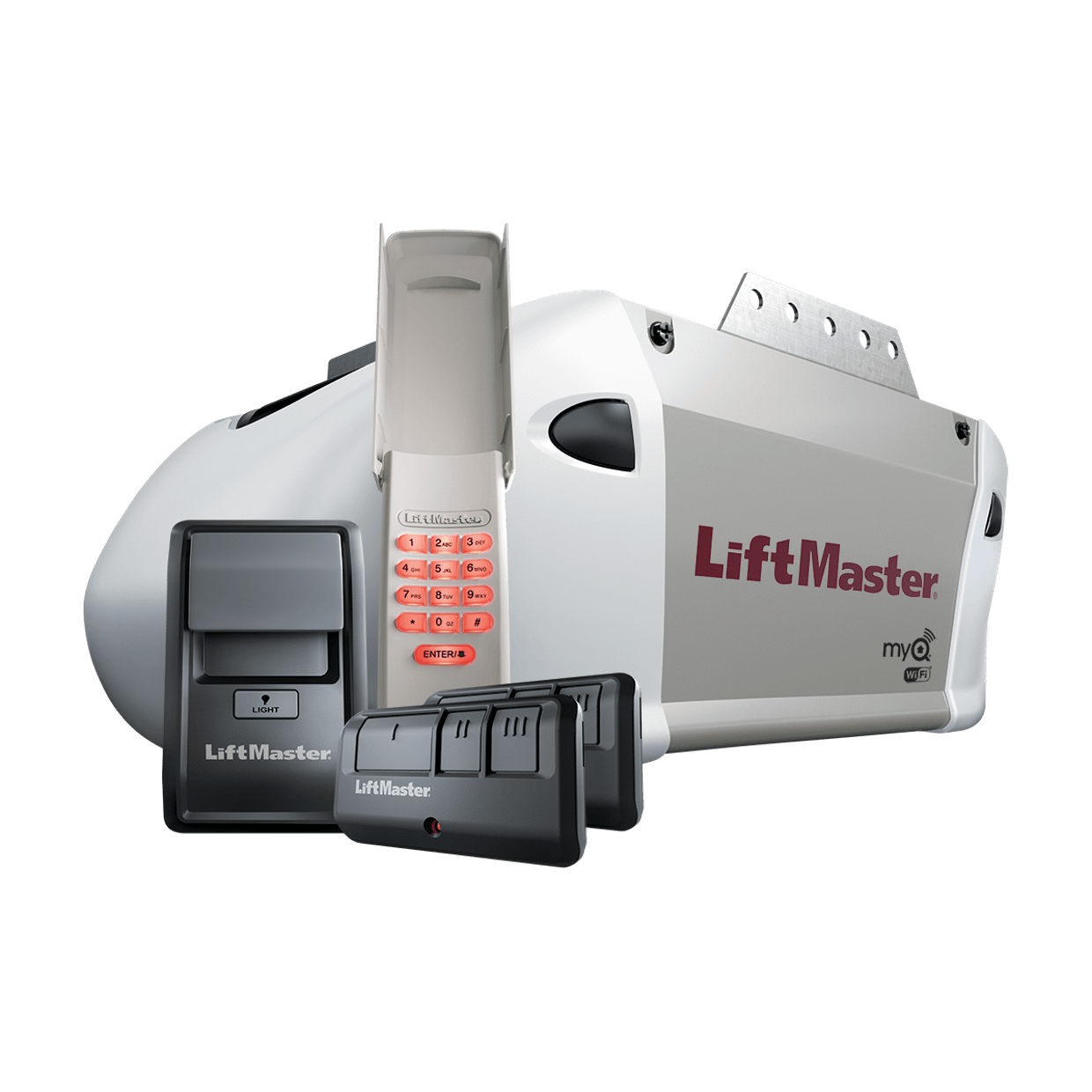 LiftMaster garage door opener kit: motor unit, keypad, and remote controls.
