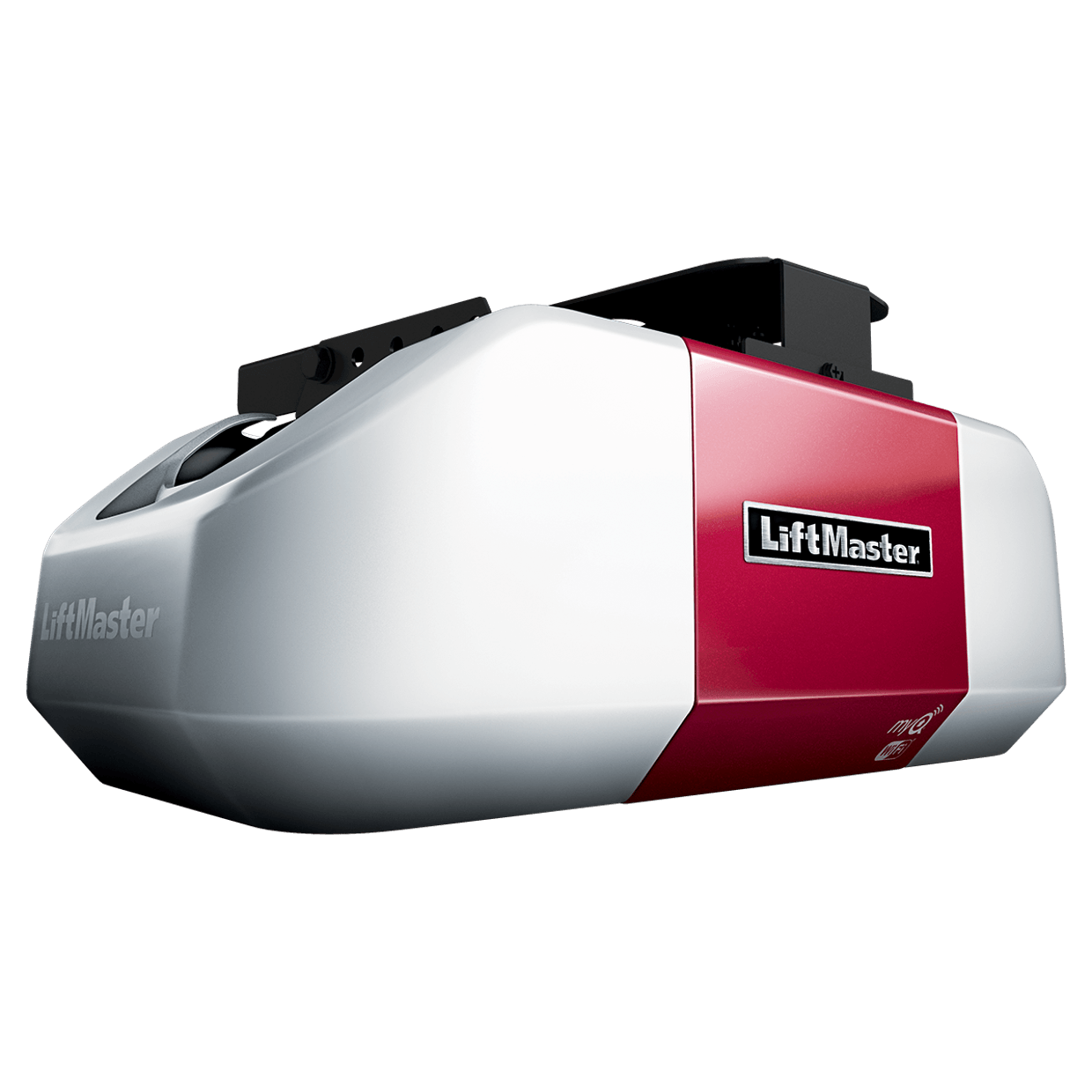 LiftMaster garage door opener, white and red, with the brand name visible.