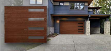 A modern home with a wooden garage door and a separate image of the same style door.