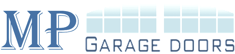MP Garage Doors logo with blue text and garage door graphic.
