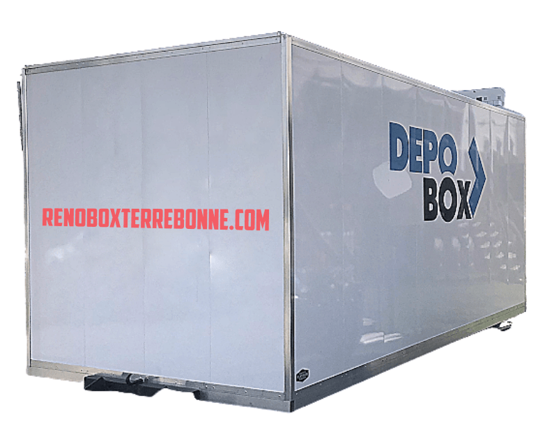 Location d'entrepôt mobile Conteneur de rangement blanc Depo Box avec les logos « RENOBOXTERREBONNE.COM » et « DEPO BOX ».