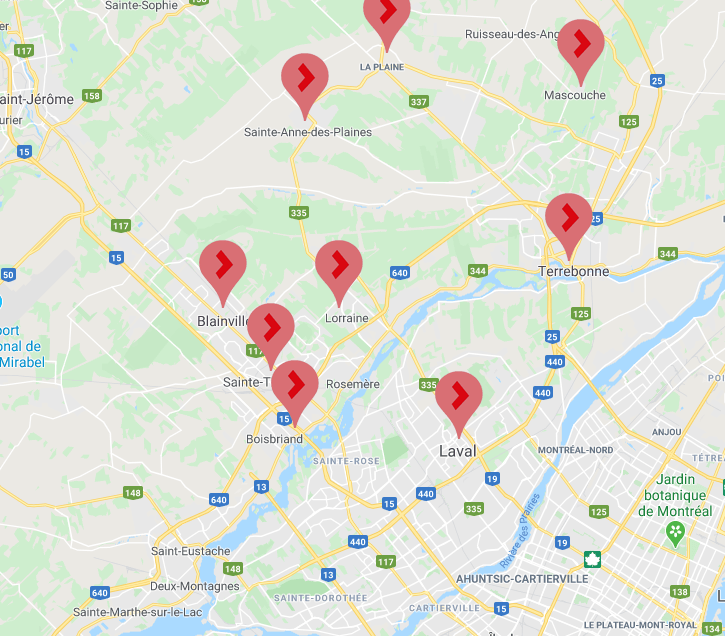 Carte de la région de Montréal avec marqueurs de localisation rouges.