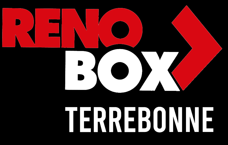 Logo Blanc Renobox Terrebonne Logo Reno Box Terrebonne : Texte rouge « RENO » sur « BOX » blanc avec une flèche rouge pointant vers la droite, « TERREBONNE » en dessous en blanc.