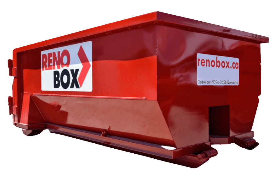 Location de conteneur Benne à ordures rouge Reno Box avec logo, sur fond blanc.