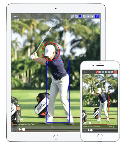 Tablet and phone displaying golf swing video; golfer in action on green, analyzed with blue box and red circle.
