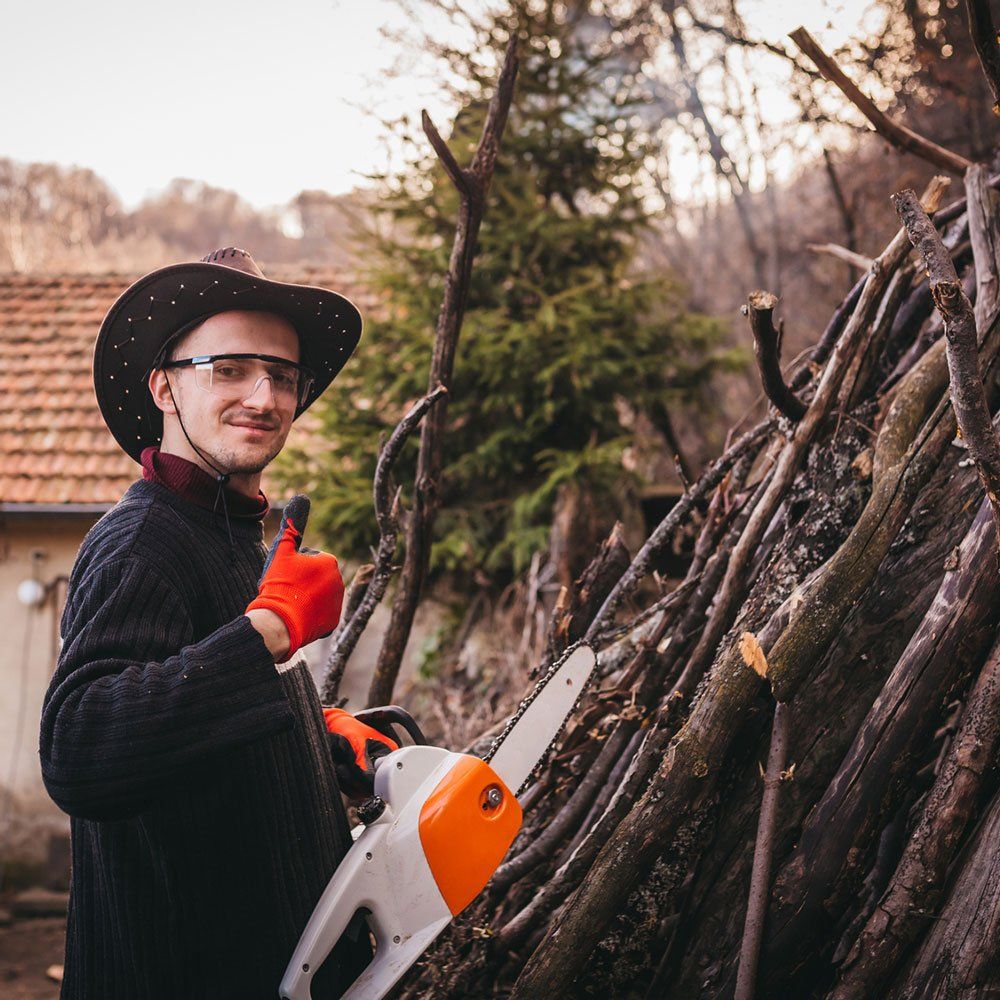 Young Man Preparing for Cutting Wood — Dedham, MA — Royer Tree Service Inc
