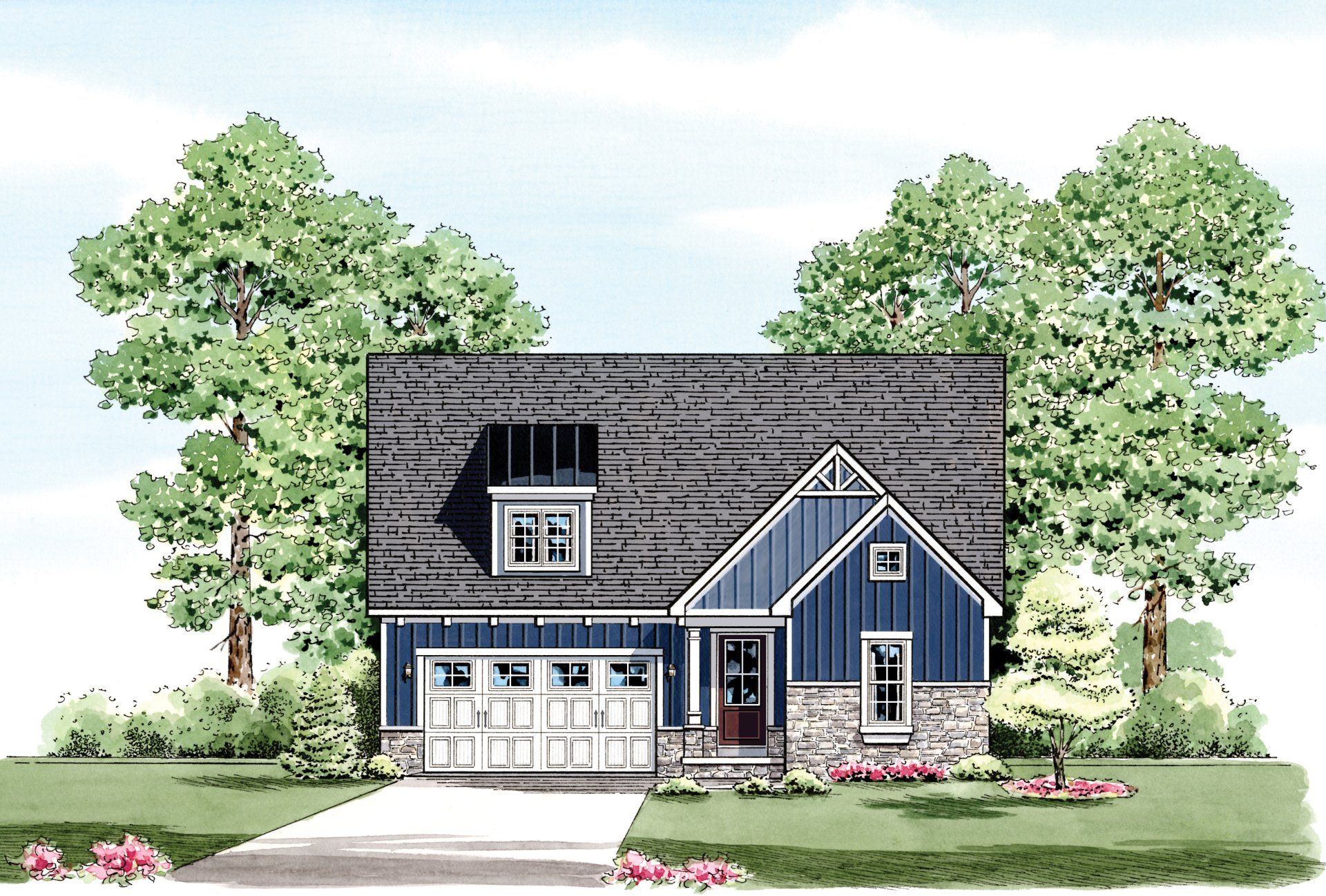 Blue and stone cottage with a two-car garage and gabled roof, in a grassy yard with trees.