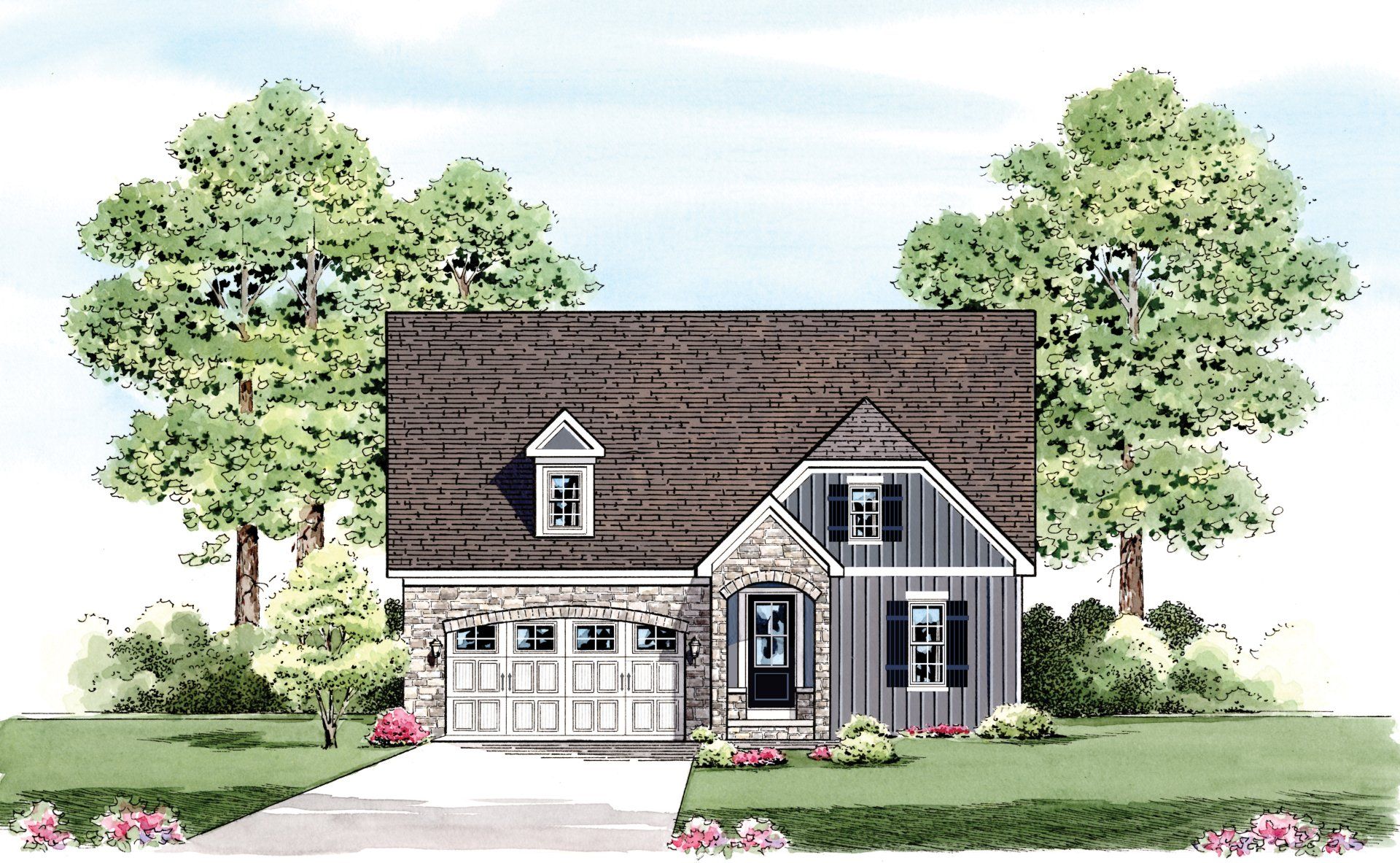 Cottage-style house with stone and siding exterior, two-car garage, and landscaping under a blue sky.