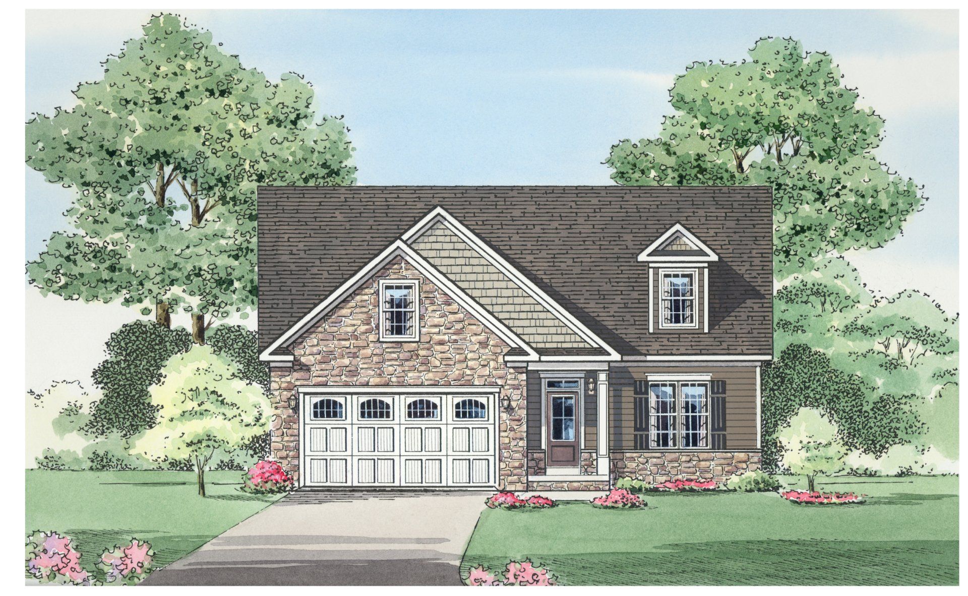 House exterior with stone and brown siding, two-car garage, and landscaped front yard.