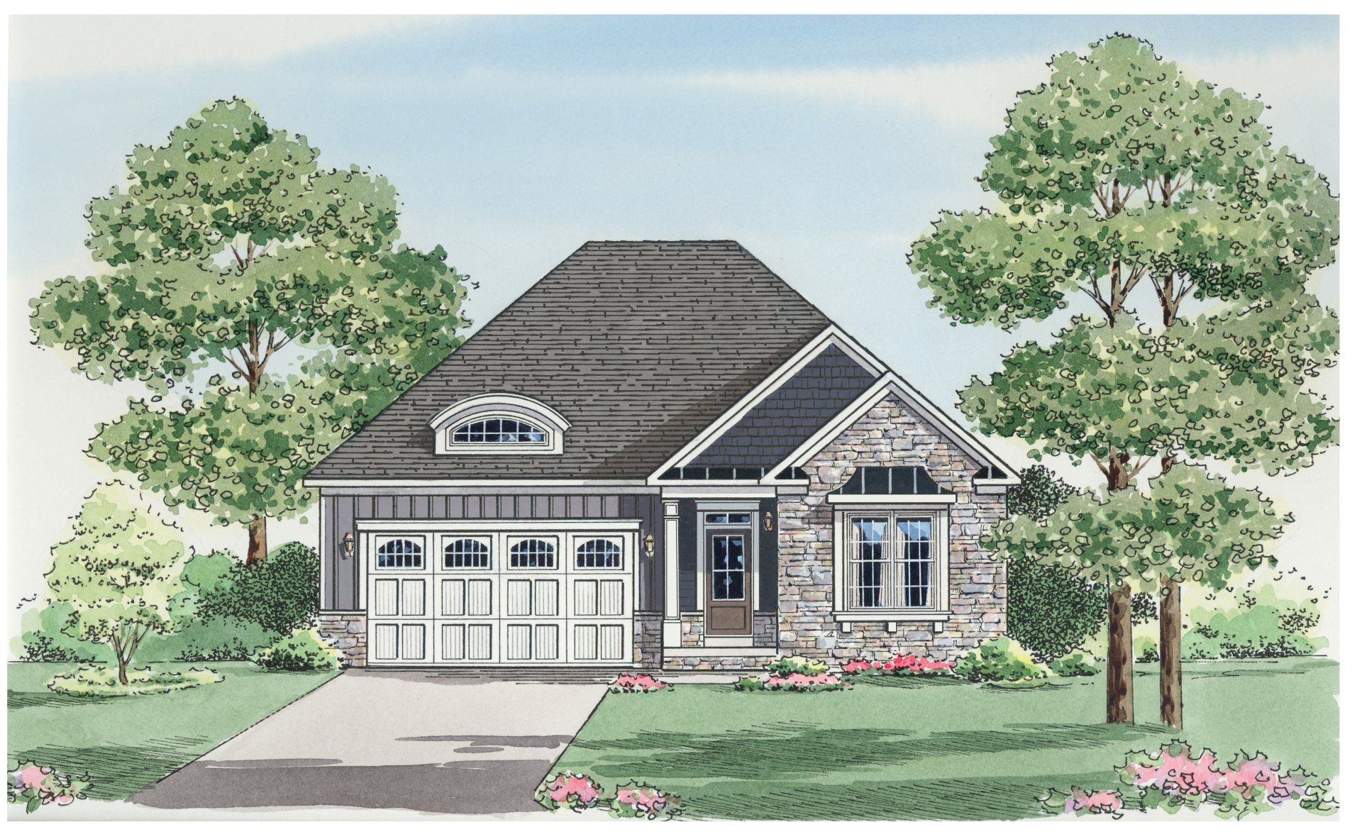 Cottage-style house with stone facade, garage, and two trees, a driveway, and a blue sky.