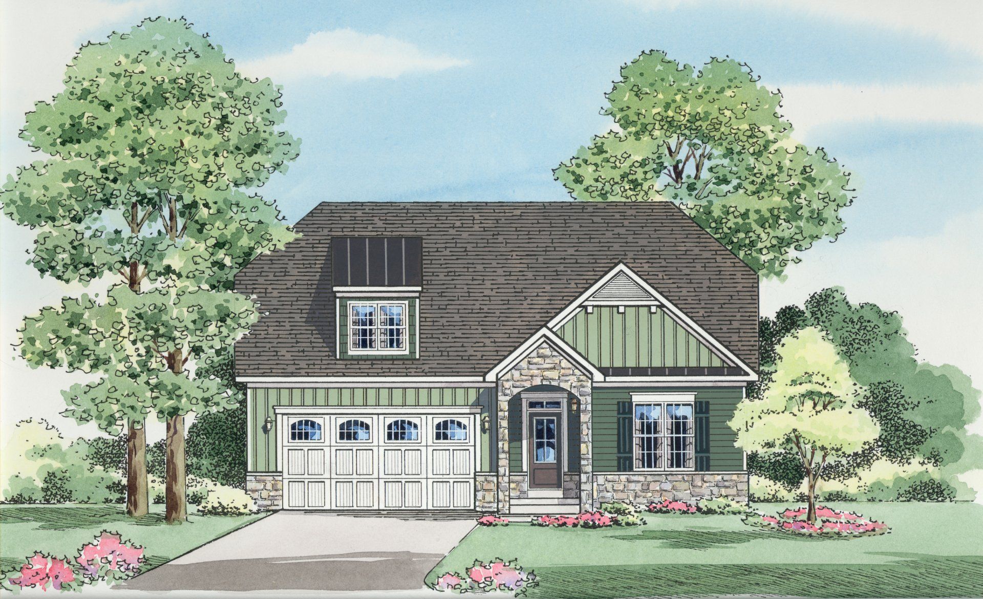 Green and stone cottage house with a garage, trees, and a blue sky.