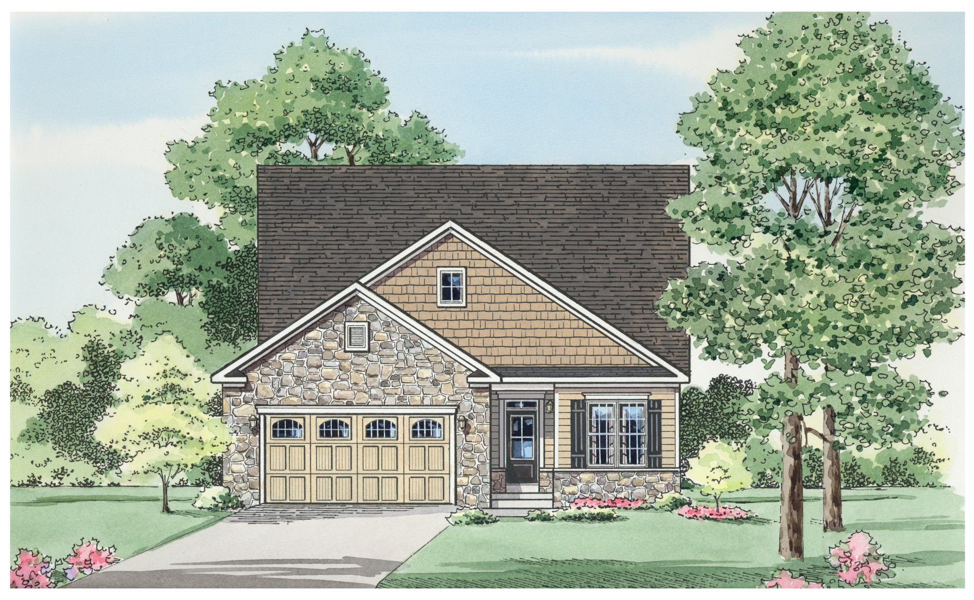 Cottage-style house with stone facade, garage, front porch, and landscaping.
