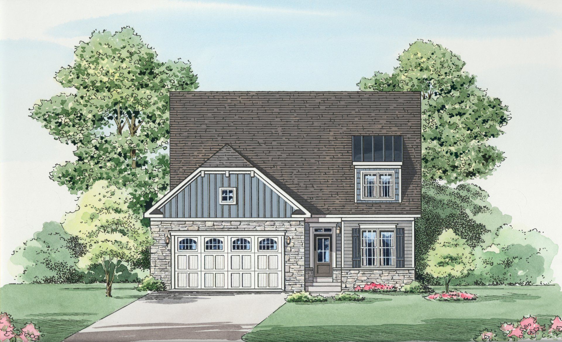 A two-story house illustration with stone and blue siding, a gray roof, and a small front yard.