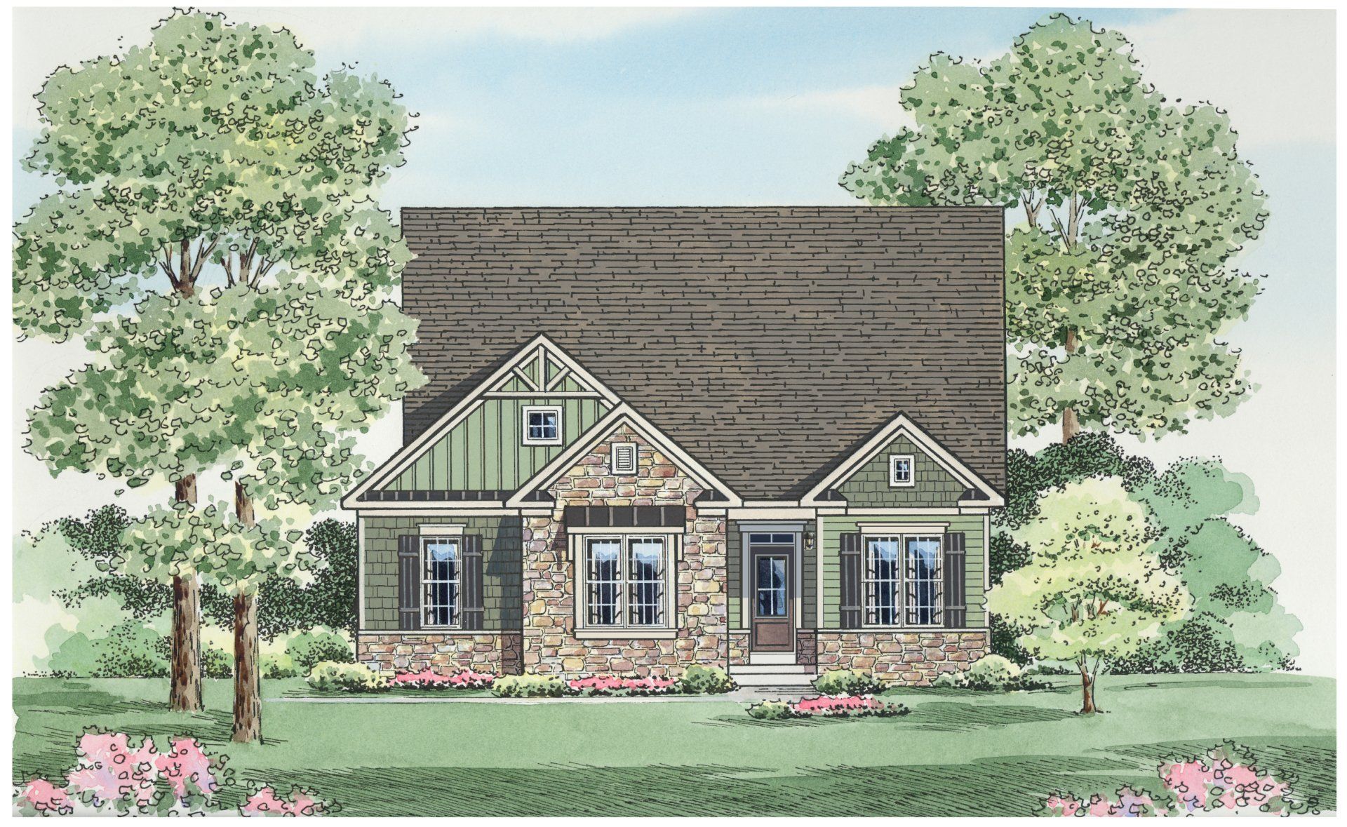 Cottage-style house with stone and green accents, set in a grassy yard with trees.