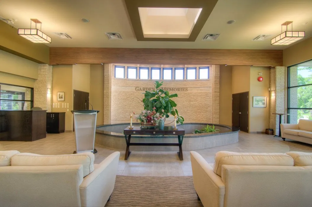 funeral centre funeral room with plant centerpiece