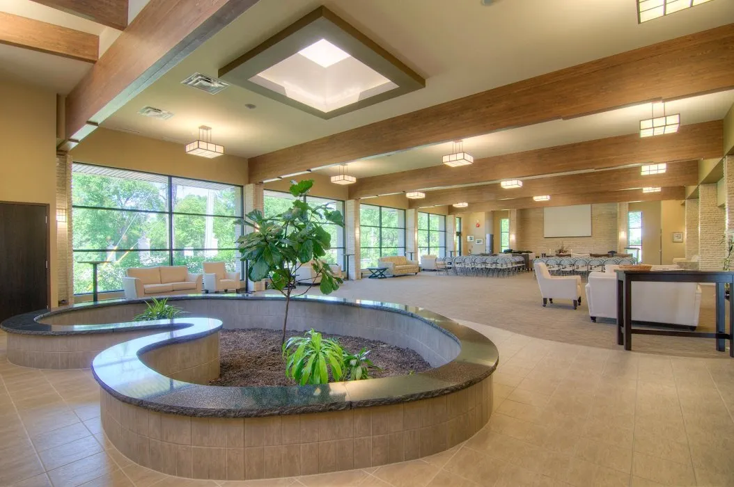 funeral centre room with plant centerpiece