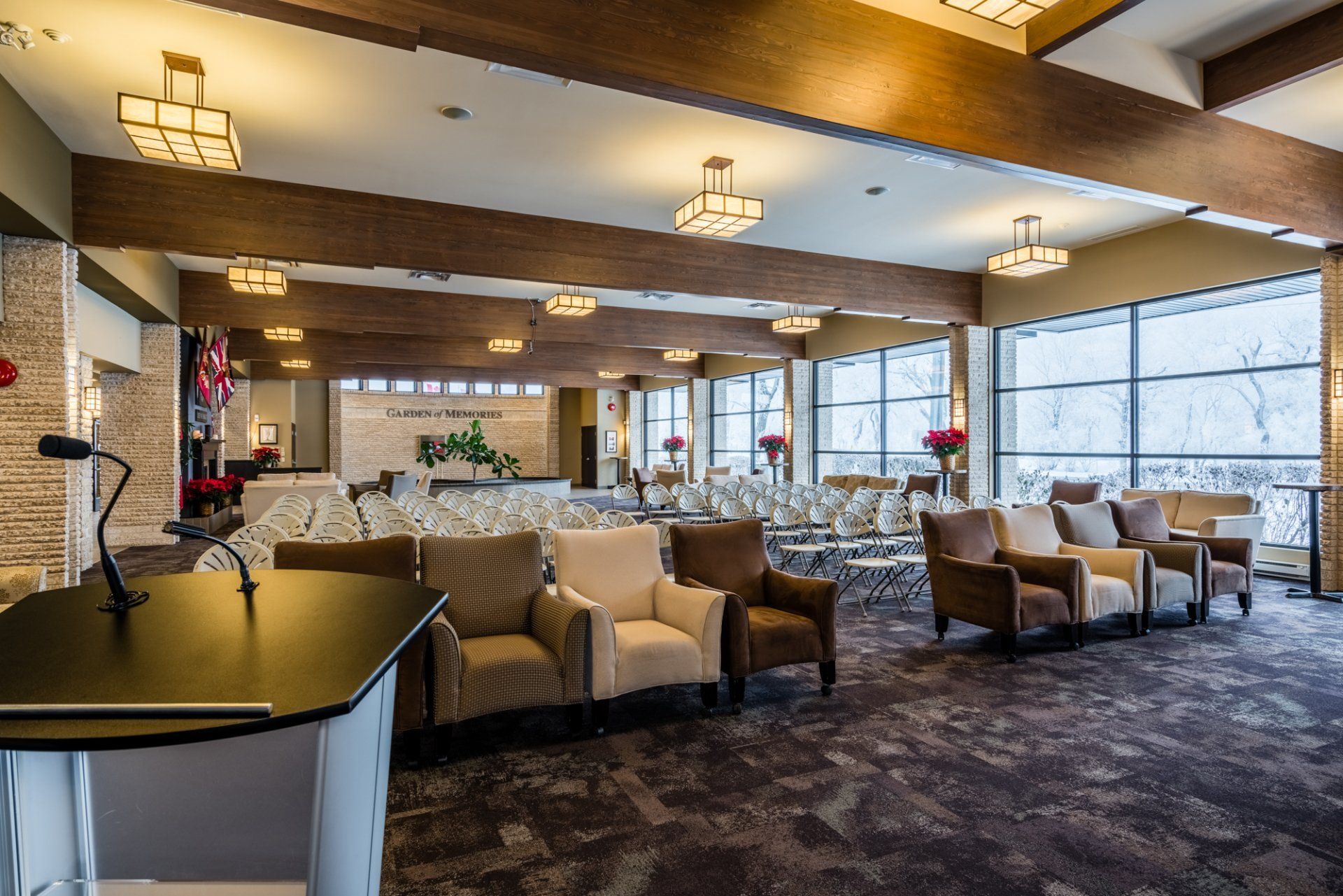 funeral centre reception room with podium