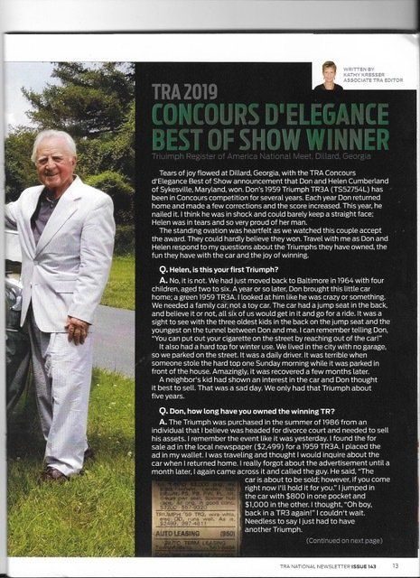 Man in white suit poses next to a car, article titles 