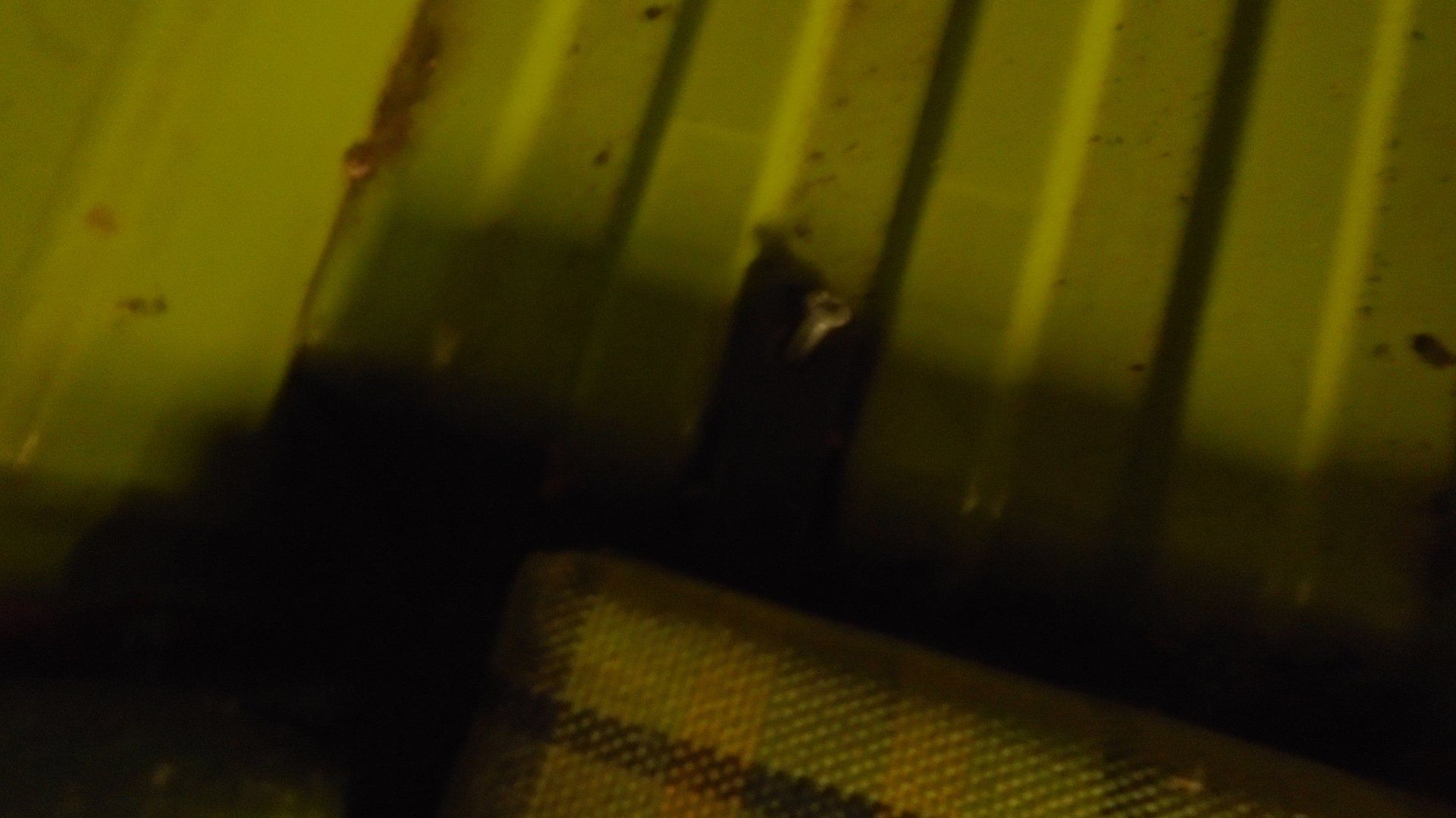 Close-up of a dark green, ribbed surface with a shadow. Bottom shows a plaid pattern.