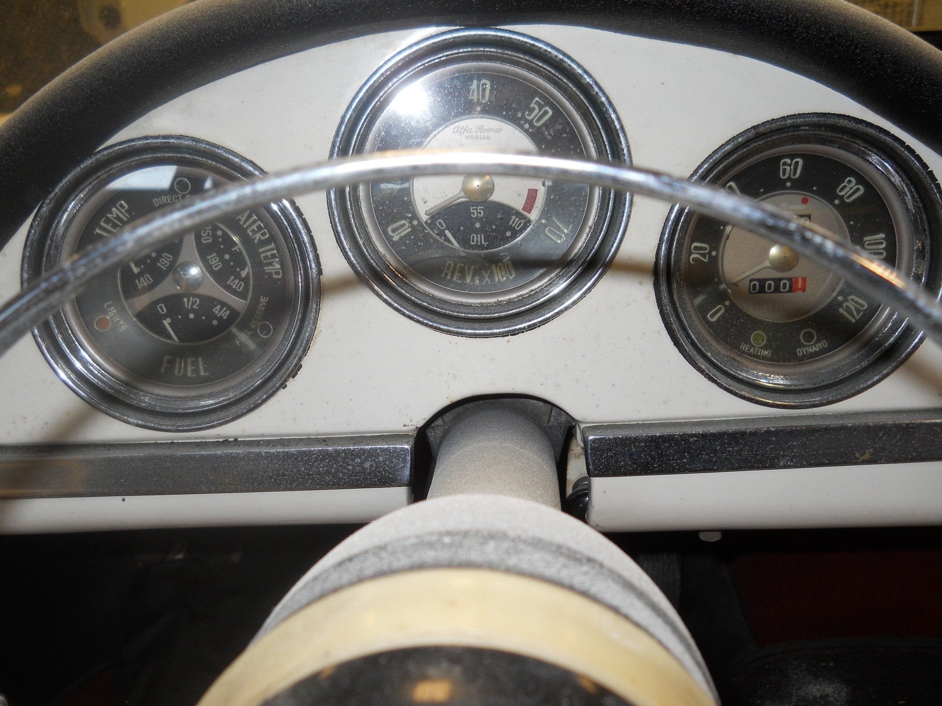 Dashboard with three circular gauges behind a steering wheel.