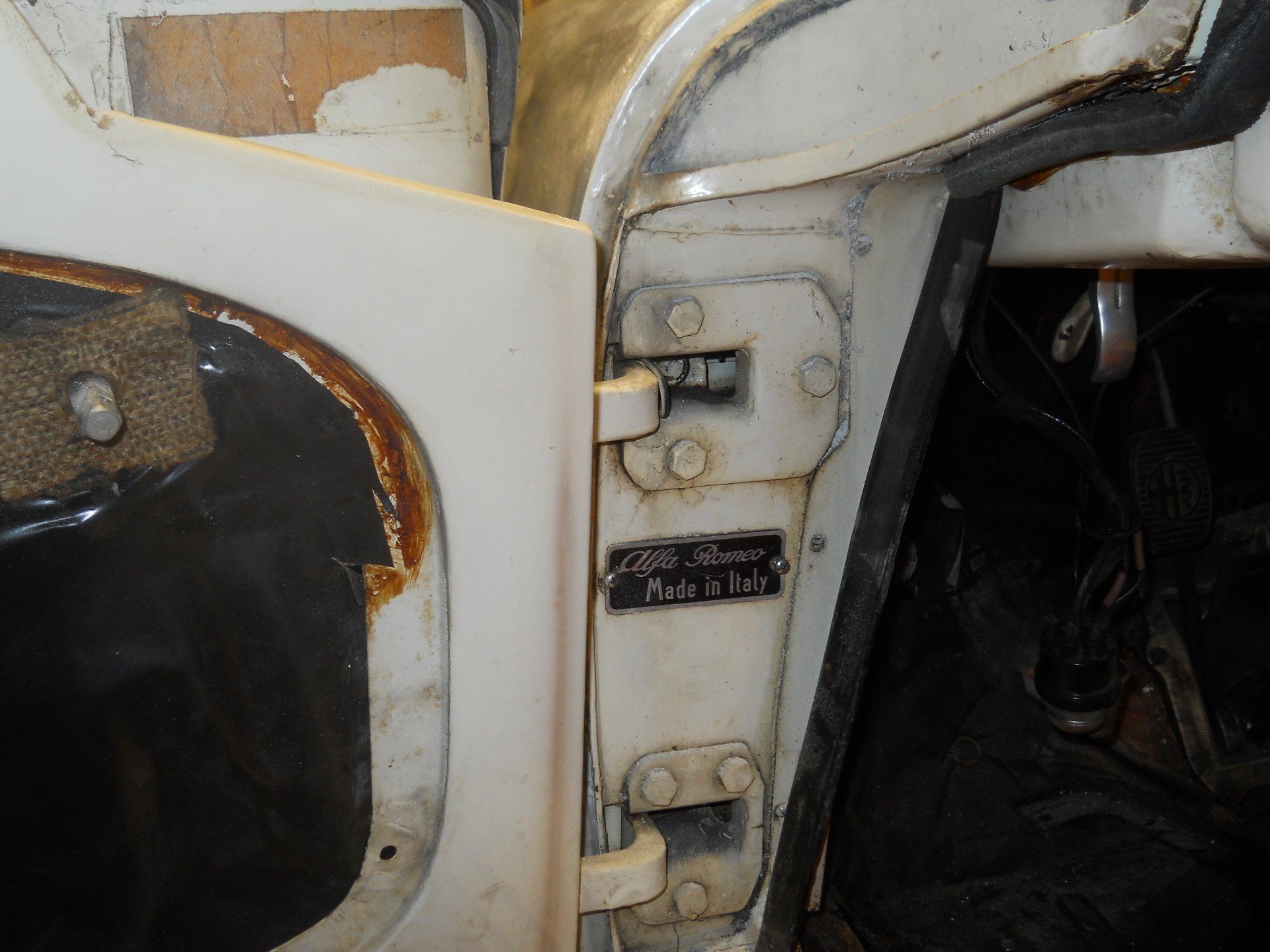 White car door frame with visible hinges and an identification plate.
