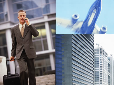 Image Collage, Person with suitcase talking on the phone, Airplane, Building
